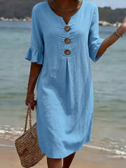 Full Size Casual Button Midi Dress With Ruffle Sleeves in Yellow, back view