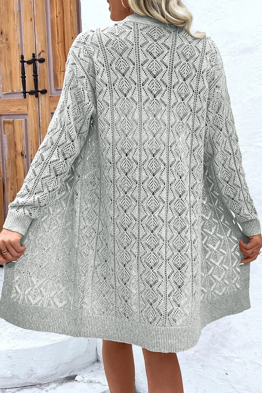 Gray diamond knit duster cardigan with open front and long sleeves.