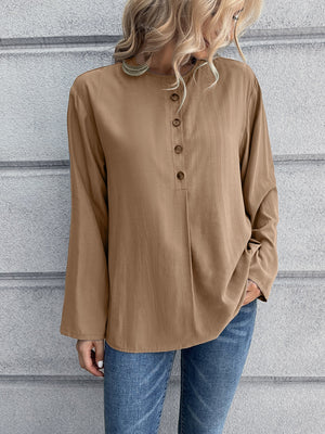 Camel mandarin collar button-down blouse with long sleeves and a relaxed fit.