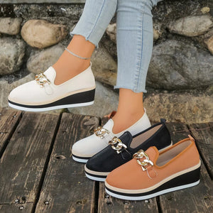 Chain decor wedge loafers in black, brown, and beige with comfortable casual styling.