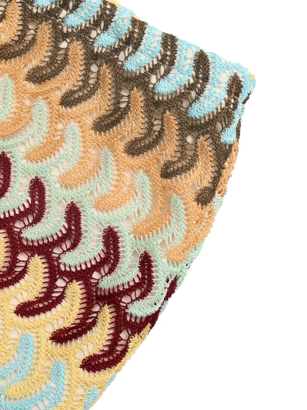 Crochet mini skirt with colorful chevron pattern and open knit detail.