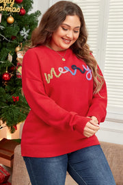 Red crewneck sweater with embroidered colorful "Merry" text, crew neck, long sleeves.