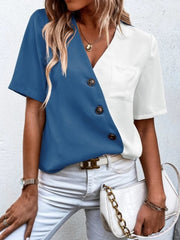 Two-tone blue and white asymmetric button-down shirt with short sleeves and a pocket.