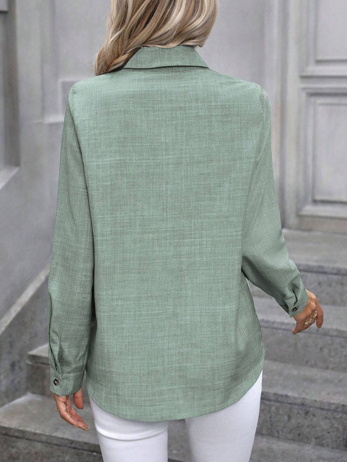 Linen-blend button-down shirt in Matcha Green with long sleeves and a collared neckline.