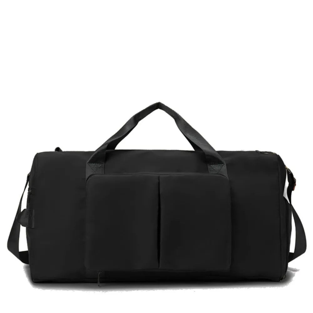 Black duffel bag with dual top handles, a detachable shoulder strap, and a front pocket with two compartments.