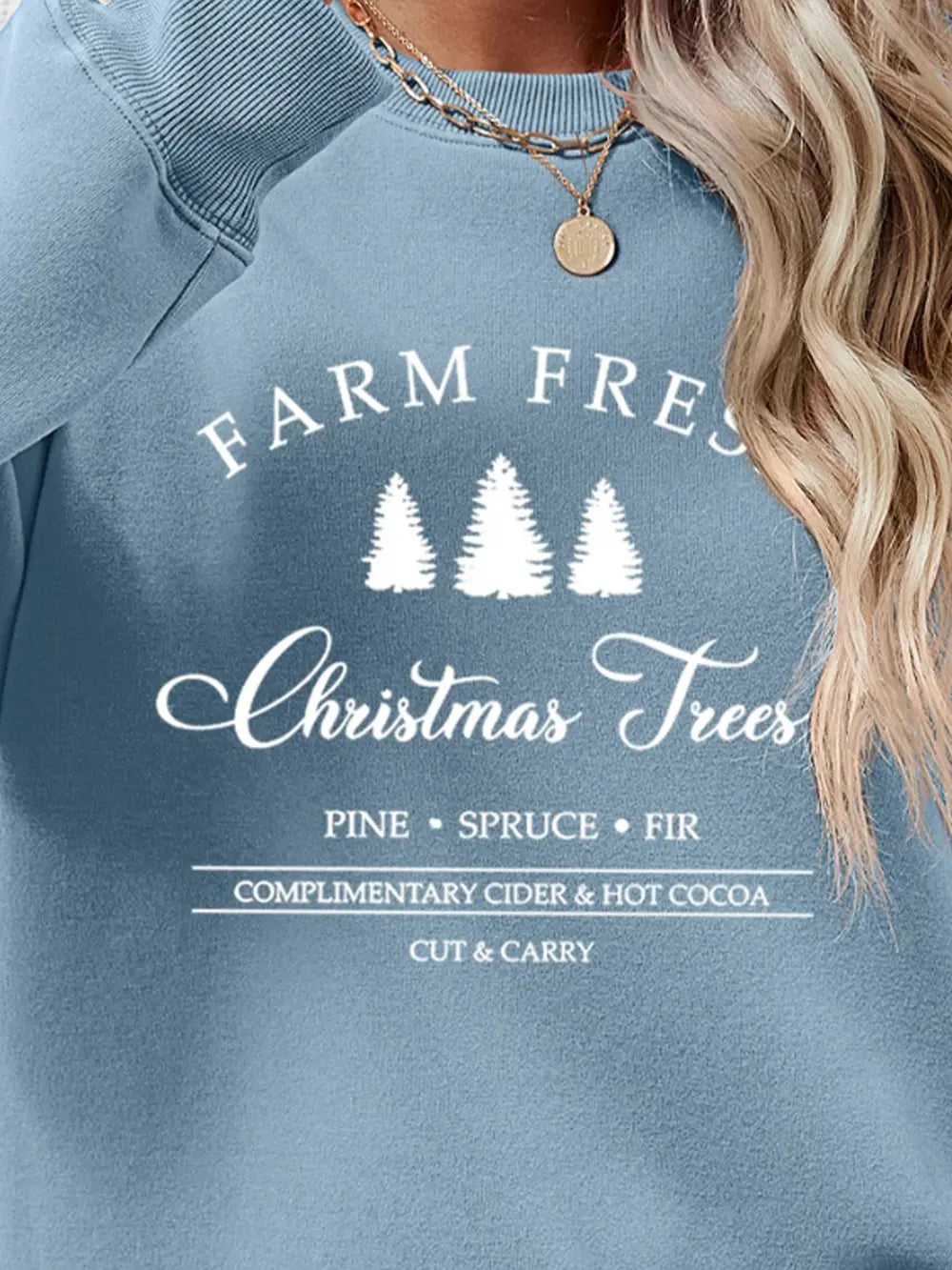 Misty Blue graphic sweatshirt with Christmas trees and text Farm Fresh Christmas Trees