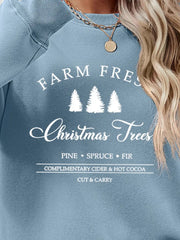 Misty Blue graphic sweatshirt with Christmas trees and text Farm Fresh Christmas Trees