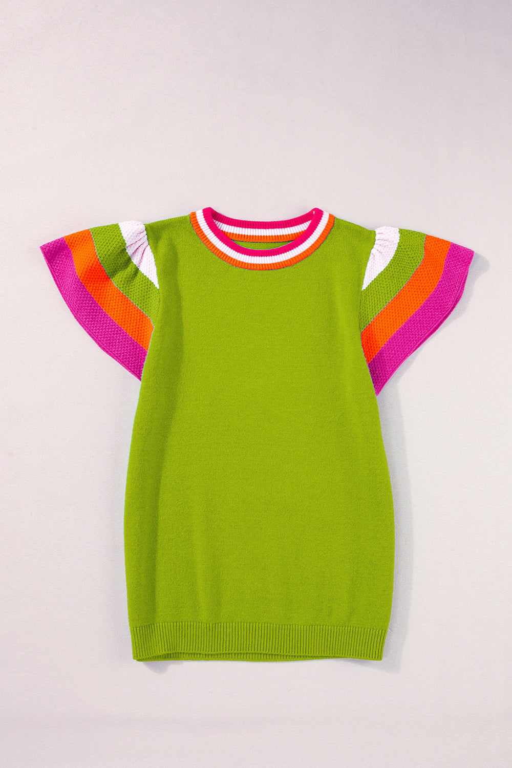 Lime knit flutter sleeve blouse with colorblock trim and striped neckline