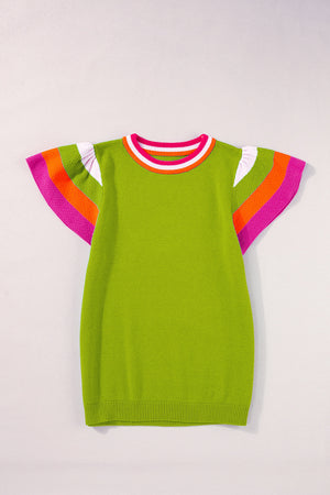 Lime knit flutter sleeve blouse with colorblock trim and striped neckline