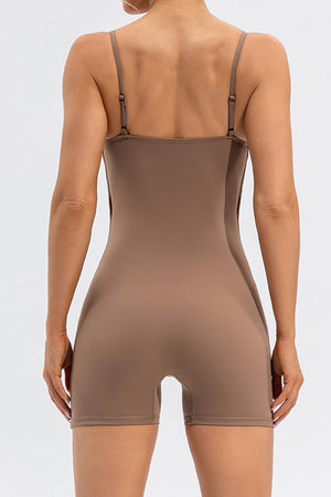 Sculpted bodysuit romper in khaki with spaghetti straps and a square neckline.