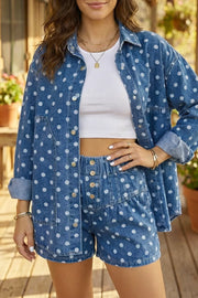 Polka Dot Long Sleeve Collar Shift Tunic Denim Jacket in Dusty Blue, close-up detail