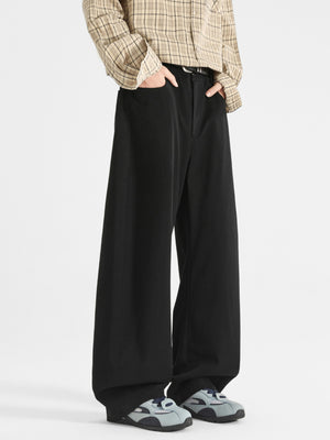 Men's black wide-leg casual pants with a relaxed fit and pockets.