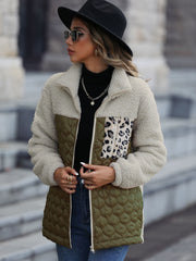 Teddy & quilted panel zip jacket in Army Green with leopard print pocket detail