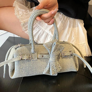 Denim Bow Accent Crossbody Bag in Blue, alternate angle