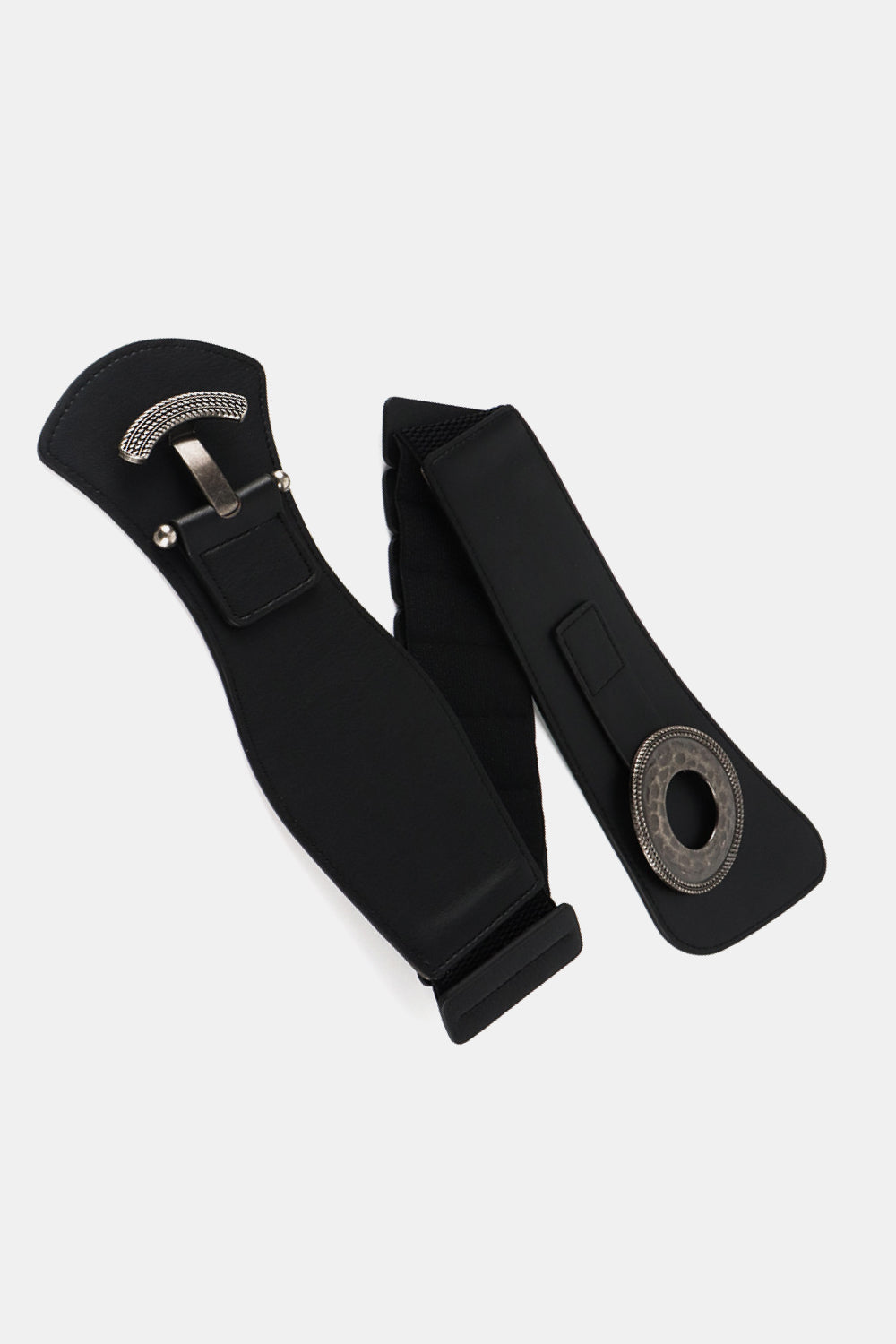 Black elastic wide belt with sculpted alloy buckle and decorative ring detail.