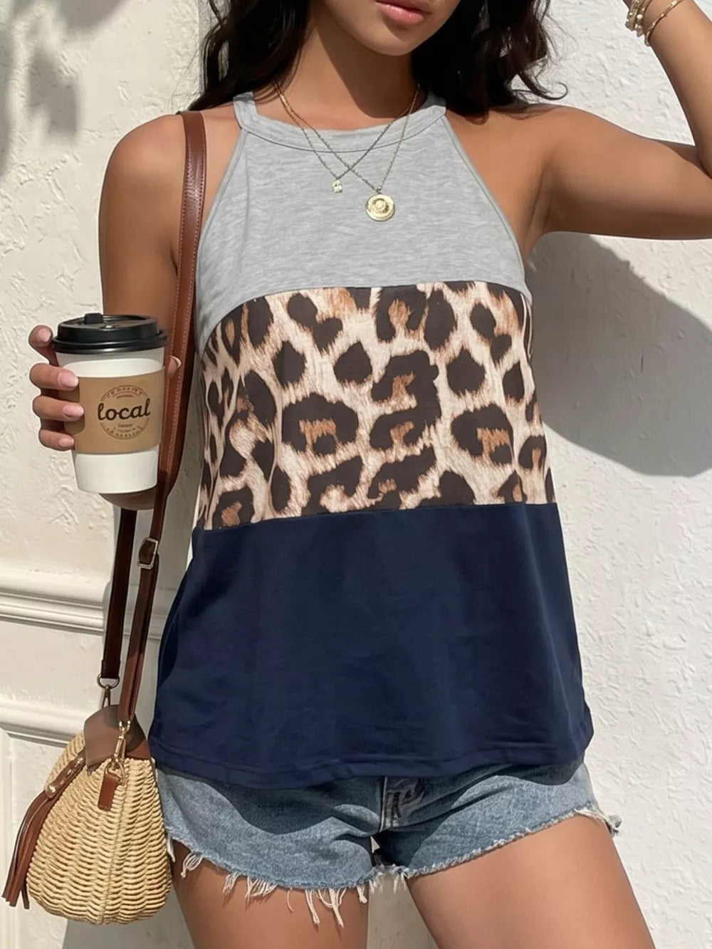 Leopard print color block halter tank top in navy and gray with a crew neck.