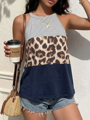 Leopard print color block halter tank top in navy and gray with a crew neck.