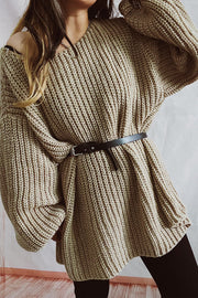 Oversized mocha ribbed knit mini dress with a black belt and v-neck