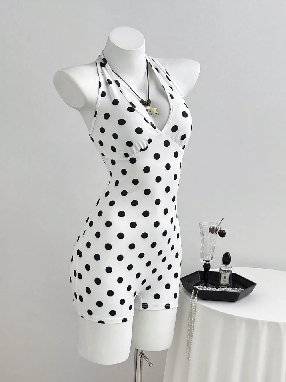 Polka Dot Halter Neck Romper, close-up detail