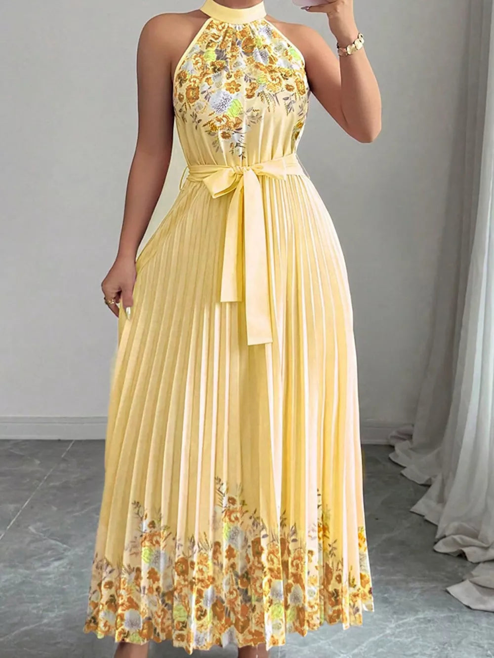 Halter Neck Floral Print Pleated Maxi Dress, product detail