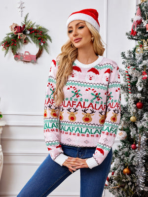 Pink Fair Isle Christmas knit sweater with Santa, reindeer, and candy cane pattern.