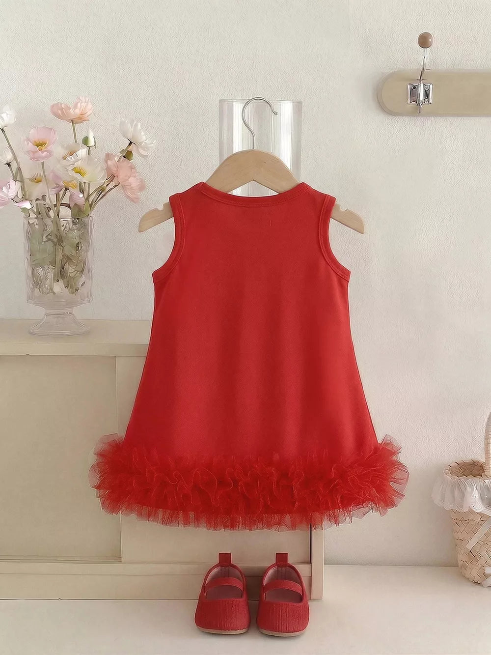 Children's Flower Sleeveless Round Neck Dress in Red, back view