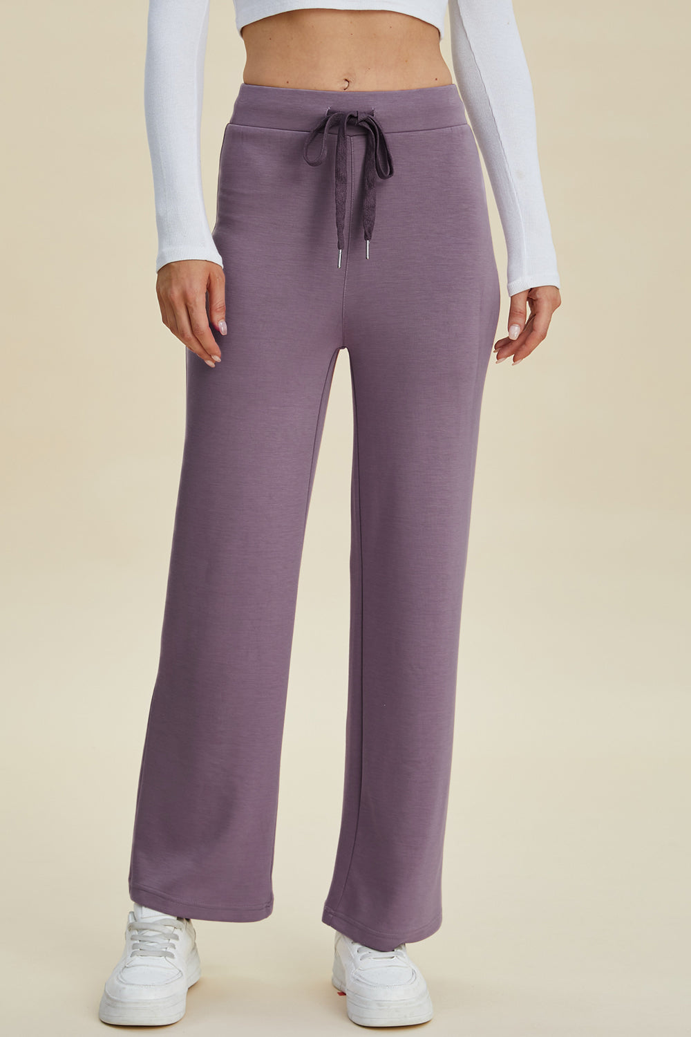 Soft drape wide leg lounge pants in Moonlit Mauve with drawstring waist.