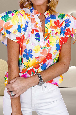Vibrant floral print blouse with ruffle collar and flutter sleeves, V-neck.