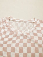 Checkered mesh crew neck t-shirt in beige and white with a sheer finish.