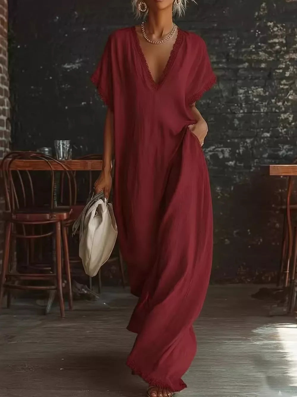 Wine red lace-trimmed V-neck maxi dress with pockets and short sleeves.