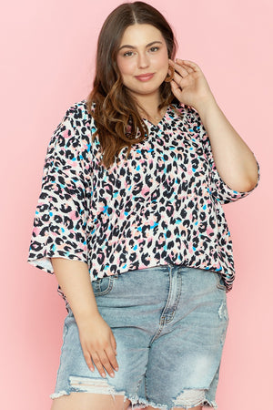 Color Pop Leopard Print Batwing Top with V-neck and 3/4 sleeves.