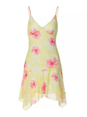 Yellow floral asymmetrical mini dress with ruffled hem and polka dots.