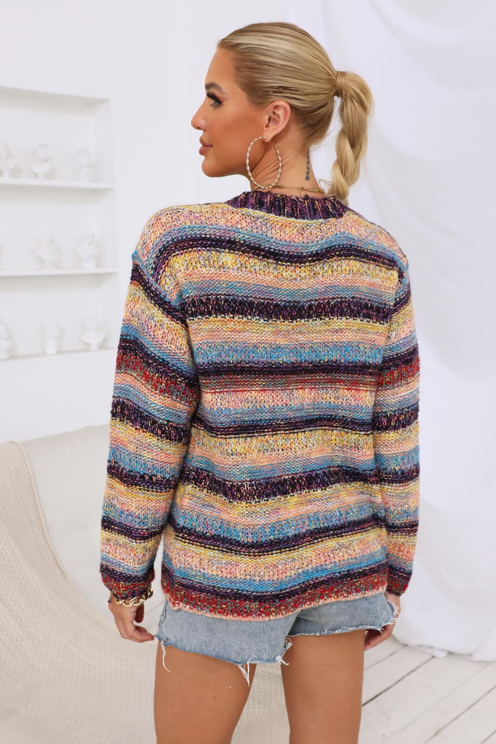 Rainbow stripe knit cardigan with crew neck and long sleeves, acrylic.
