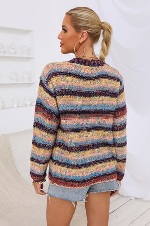 Rainbow stripe knit cardigan with crew neck and long sleeves, acrylic.