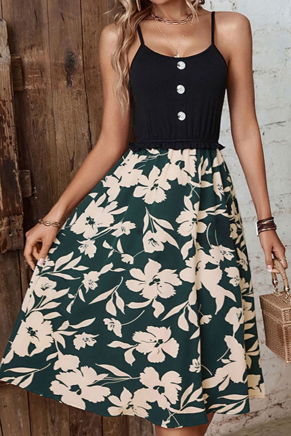 Camisole bodice midi dress with floral print and button detail