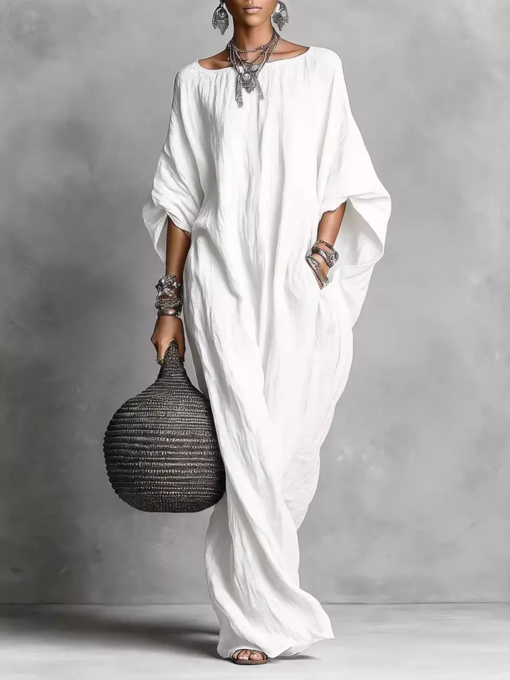 Loose Fit Boat Neck Maxi Dress in White, front view