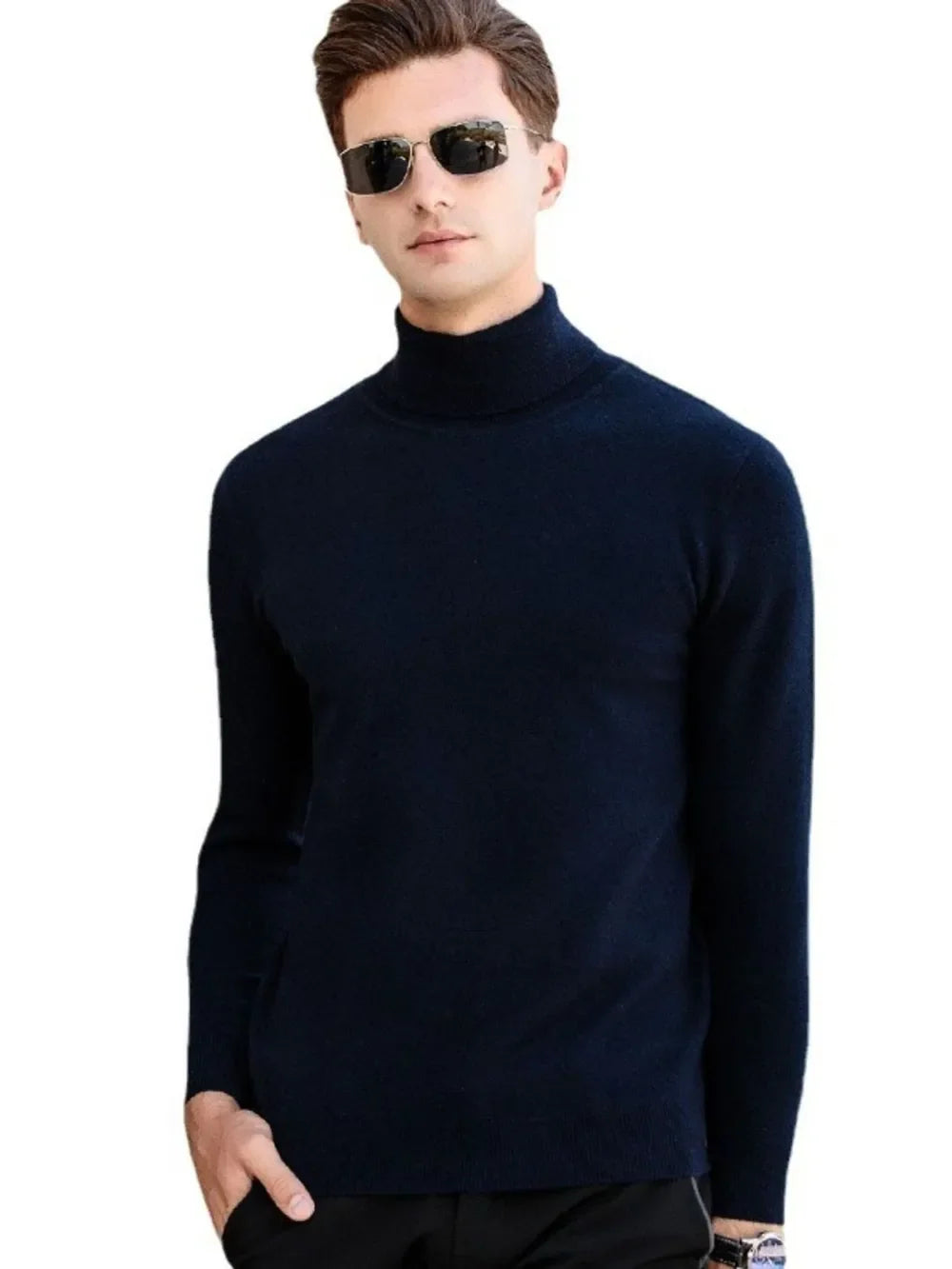 Men's dark blue turtleneck sweater with a modern silhouette and long sleeves.