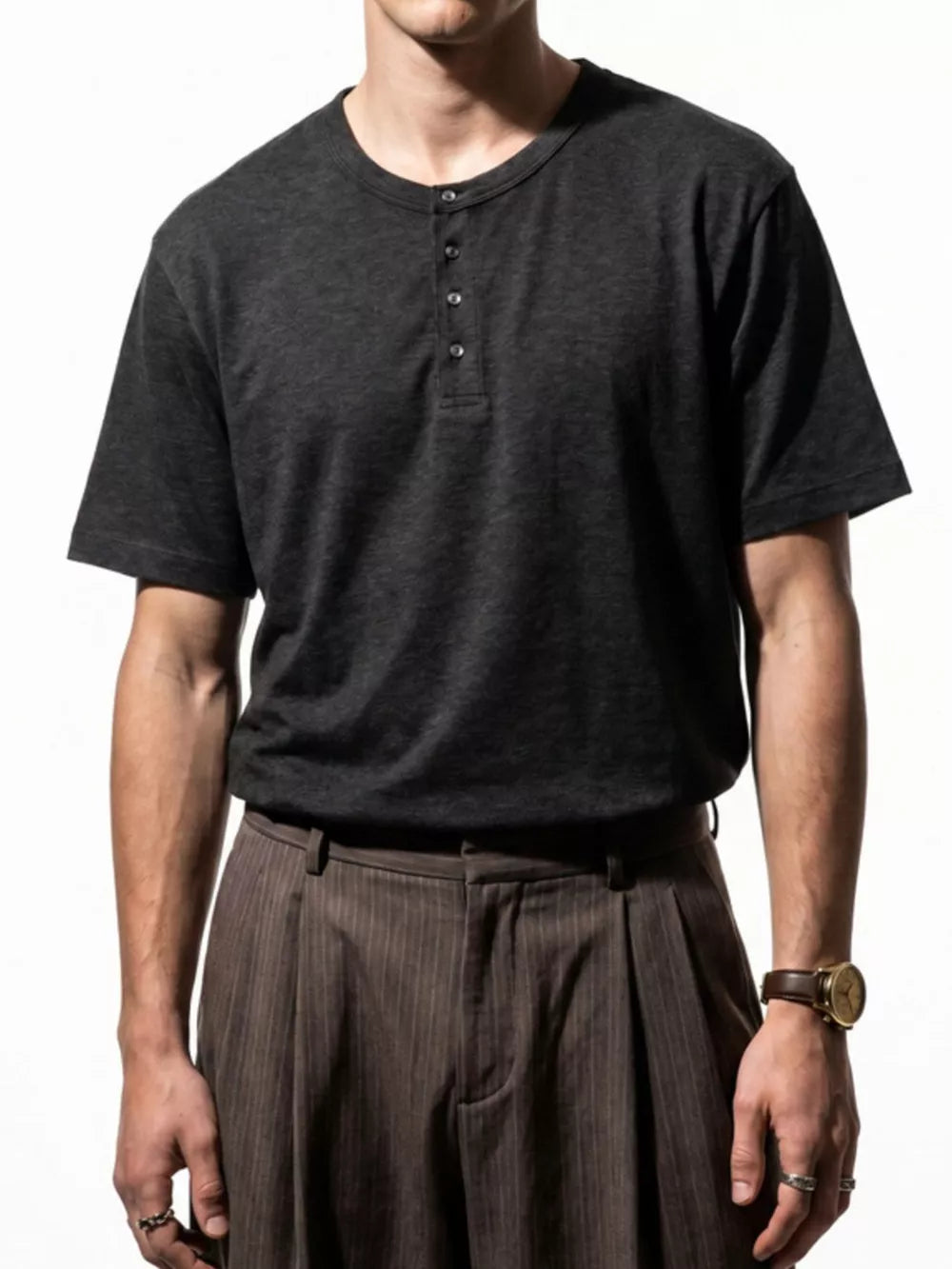 Men's Short Sleeve Henley T-shirt in Gray, close-up detail