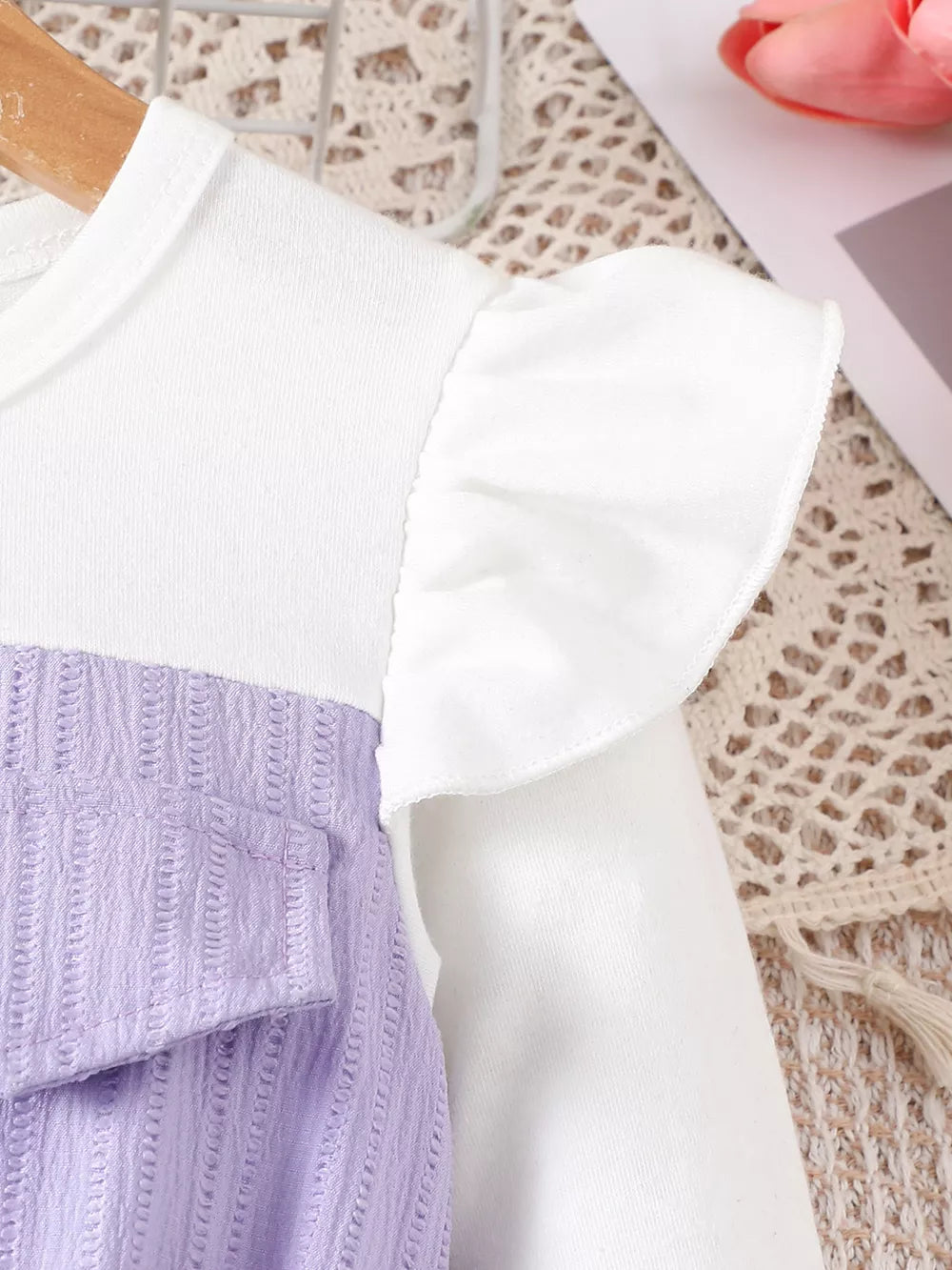 Children's Ruffled Bow Long Sleeve Dress in Light Purple, back view