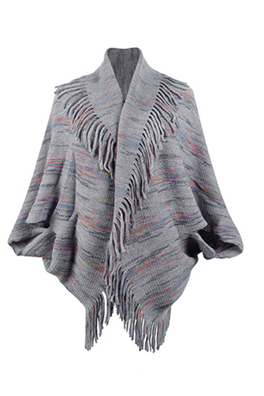 Textured knit cape in charcoal with colorful stripes and fringe trim.