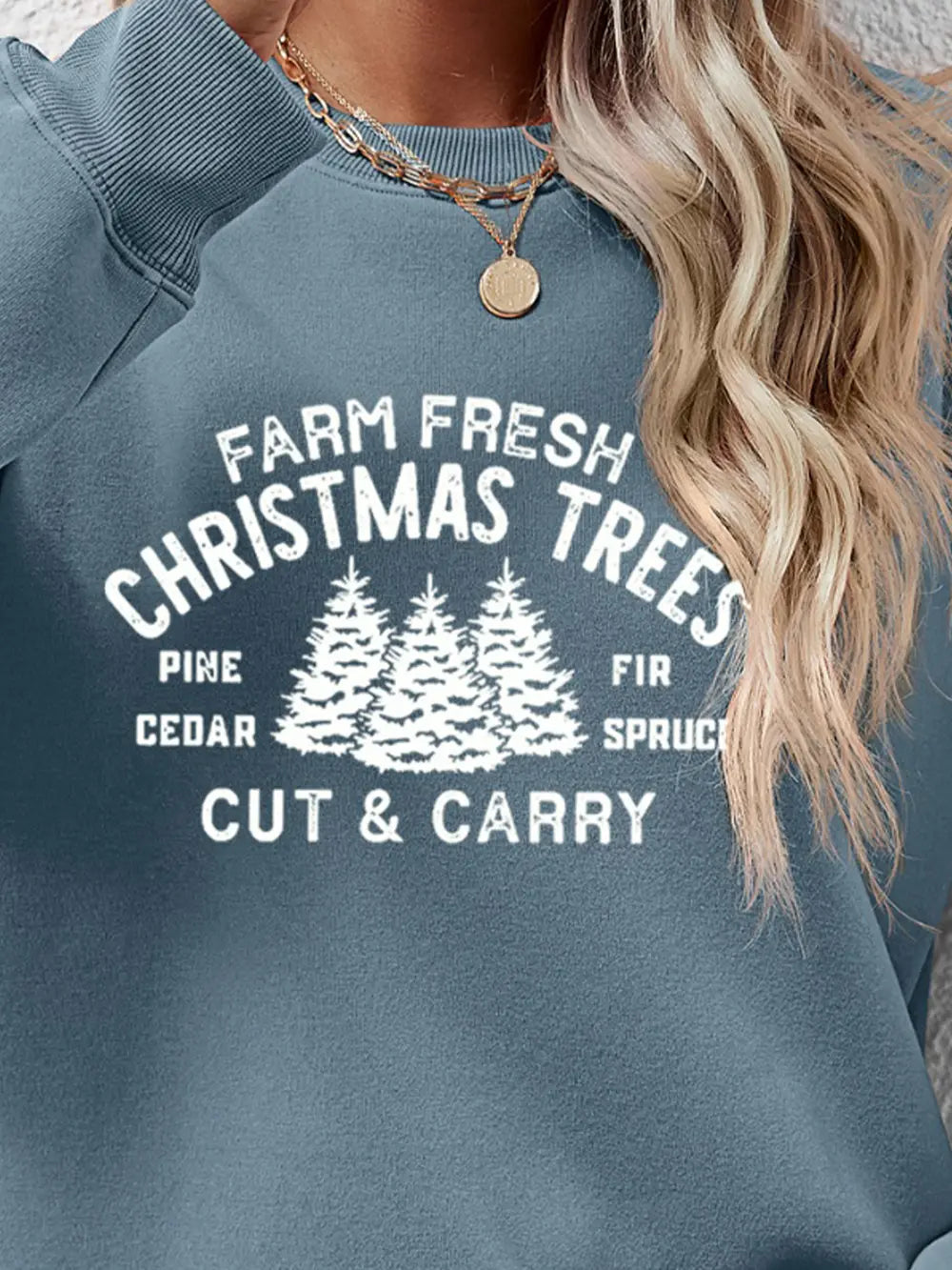 Graphic print crewneck sweatshirt in Misty Blue with "Farm Fresh Christmas Trees" text and pine trees graphic.