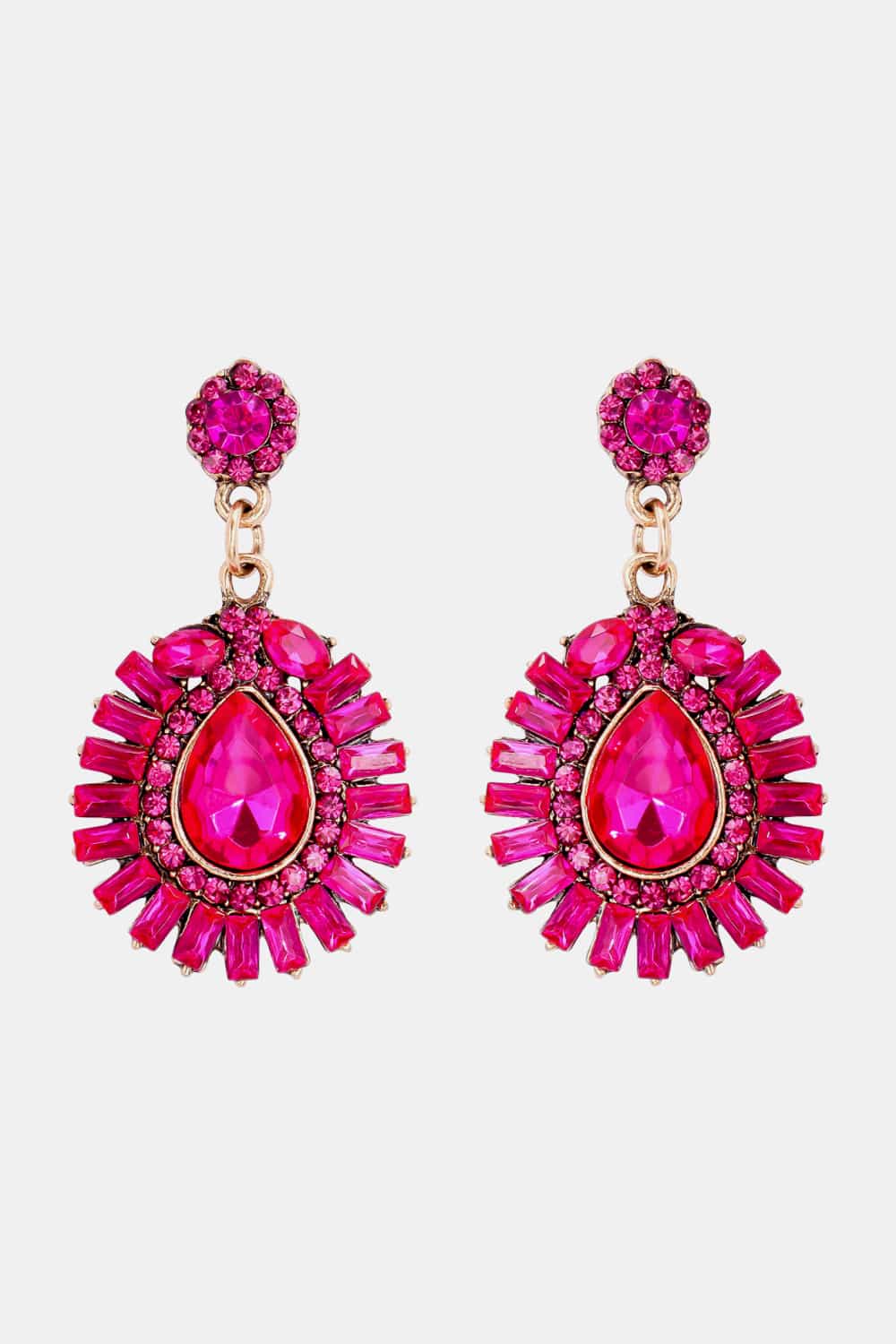 Hot Pink gemstone burst dangle earrings with teardrop center and radiating baguette stones.