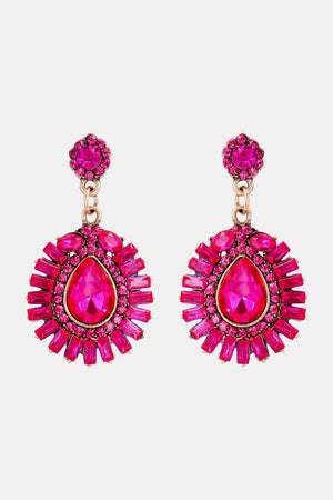 Hot Pink gemstone burst dangle earrings with teardrop center and radiating baguette stones.