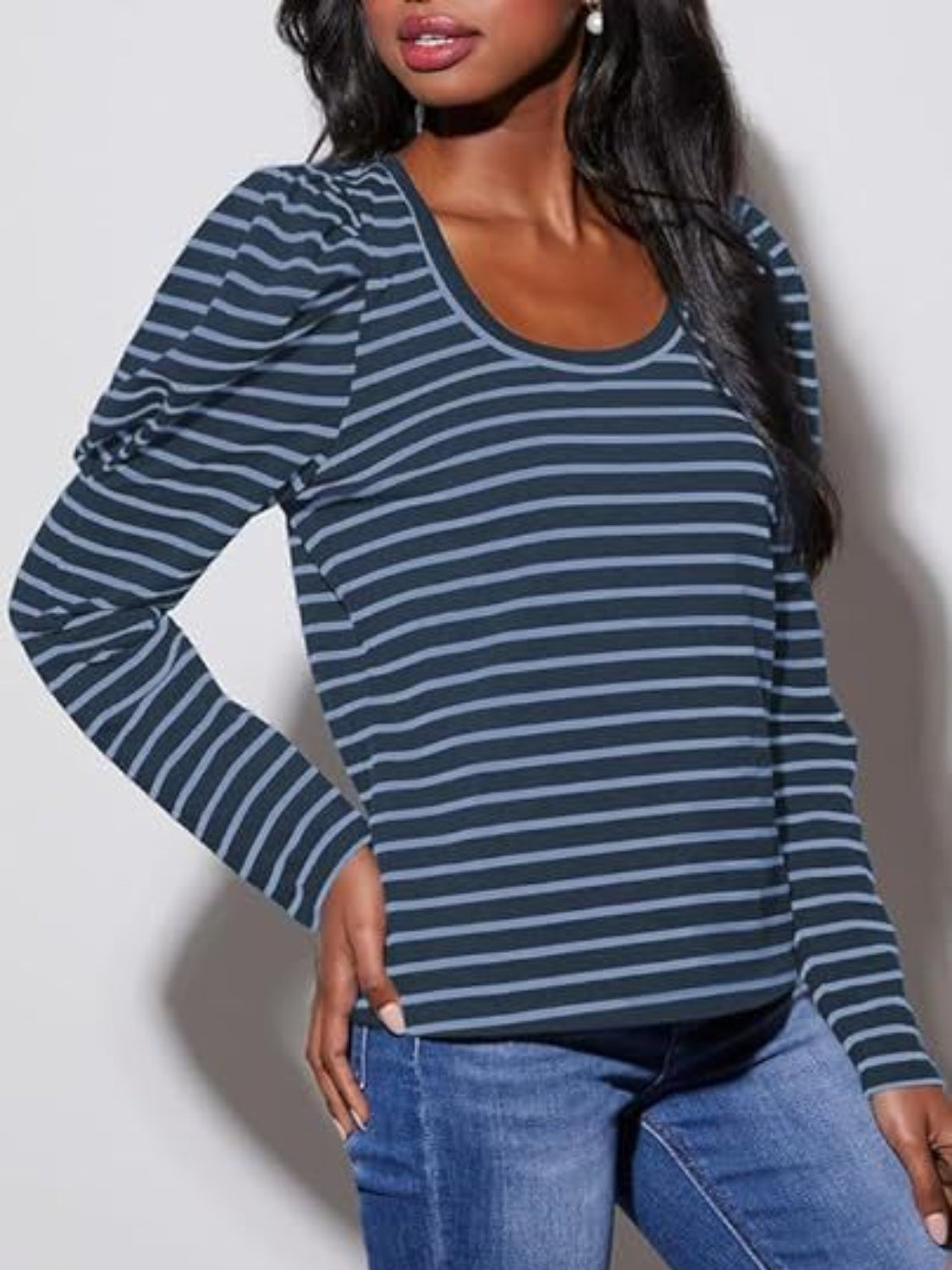 Breton stripe tee in Peacock Blue with puff sleeves and a scoop neck.