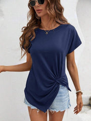 Dark blue t-shirt with short sleeves and a draped knot front detail.