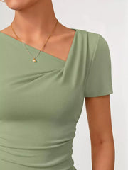 Green asymmetrical maternity t-shirt with draped neckline and short sleeves.