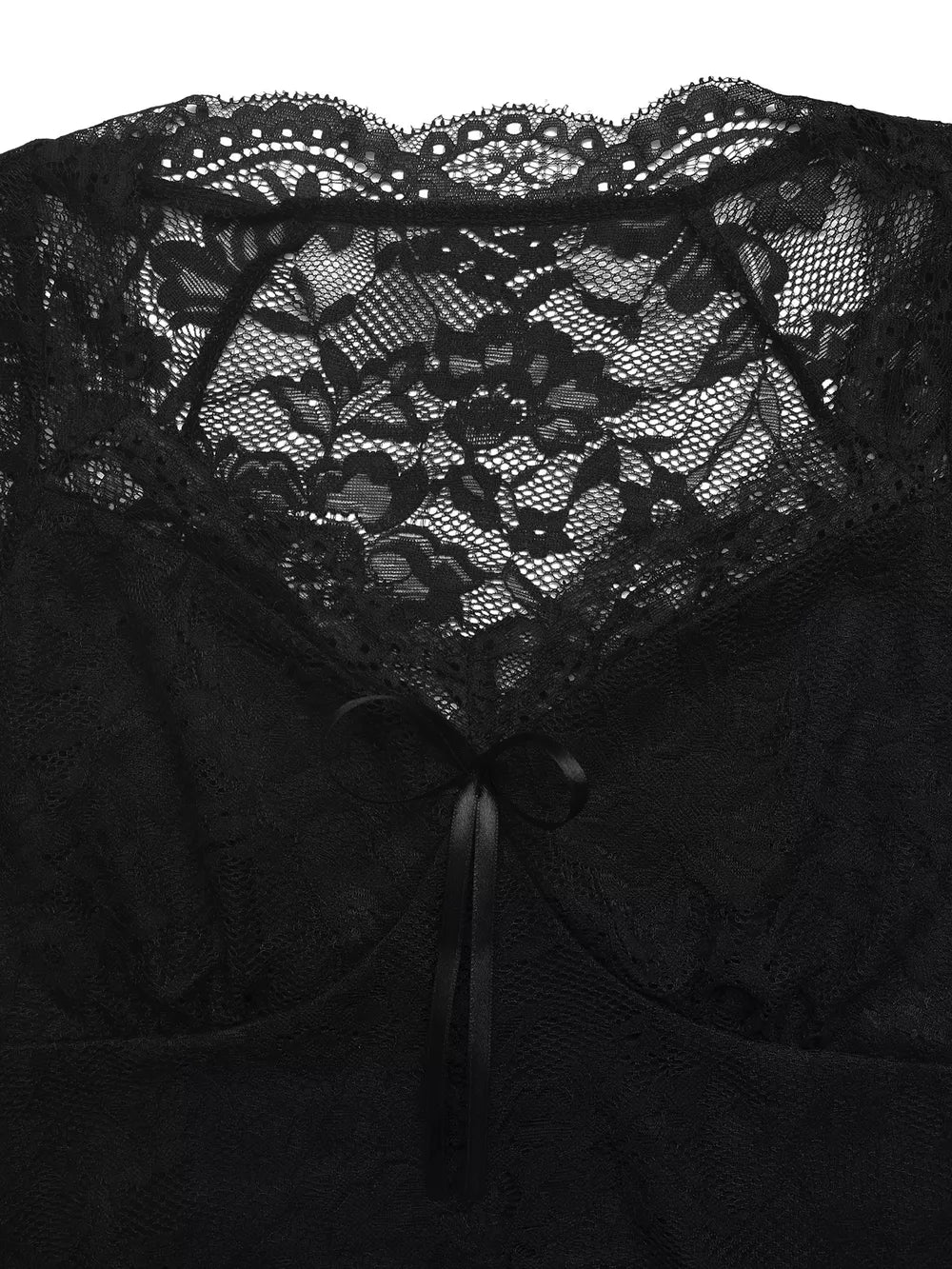 Black lace t-shirt with V-neck and bowknot detail