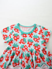 Baby girls' cotton dress with a light blue strawberry print, short sleeves, and a ruffled hem.