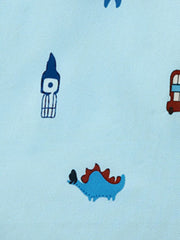 Light blue polo shirt with cartoon dinosaur, Big Ben, and bus print.