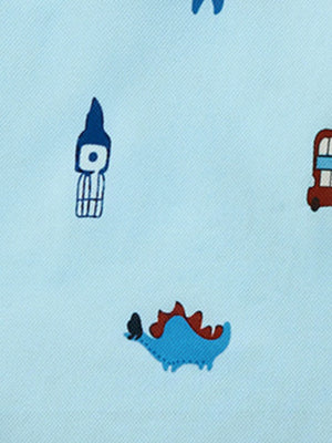 Light blue polo shirt with cartoon dinosaur, Big Ben, and bus print.